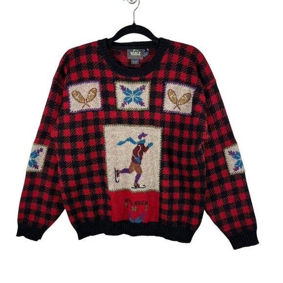 Woolrich VTG Women’s Wool Red Plaid Winter Recreation Ice-skater Sweater Size L - Picture 1 of 8